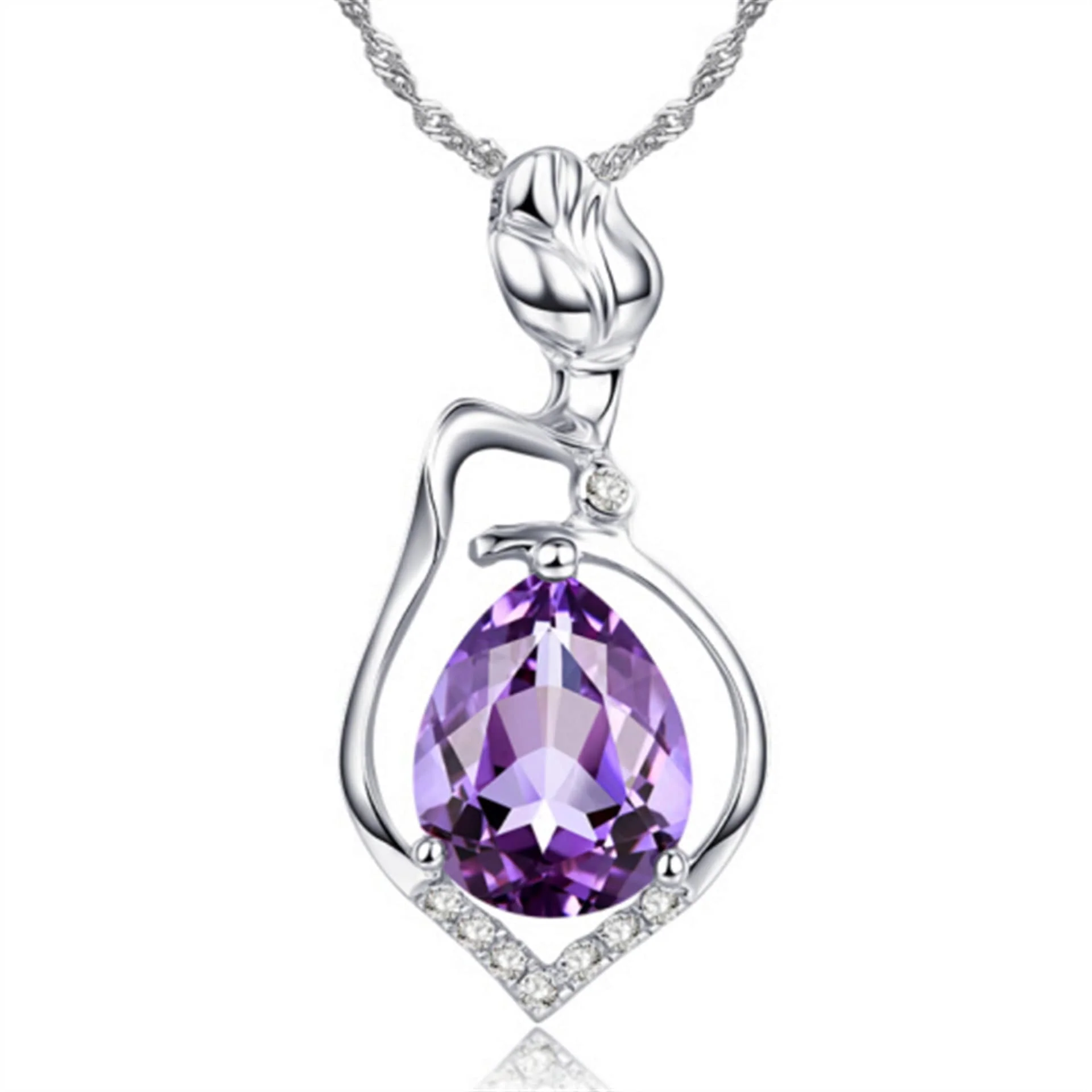 Carefully Designed Purple Crystal Silvertone Drop Pendant Necklace High-Grade