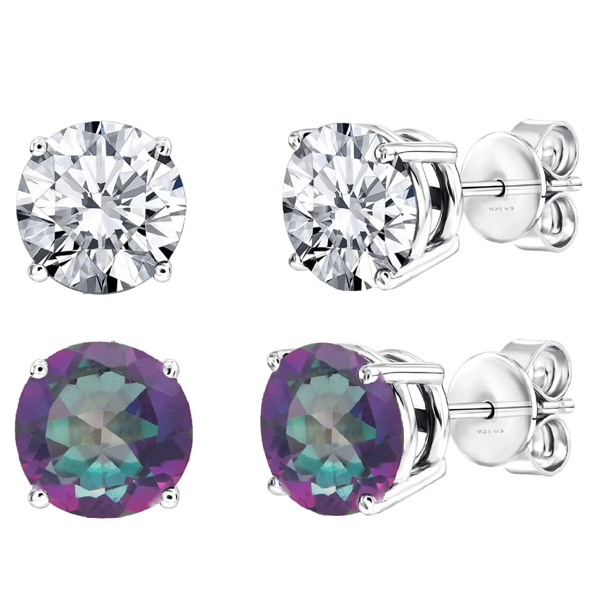 High-End V3 Jewelry Sterling Silver Set of Two Green Mystic Topaz and Natural White Topaz Stud Earring Reusable