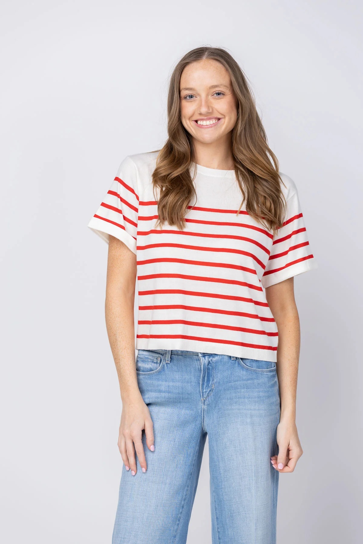 Green Alice Olivia Amelie Striped Knit Tee in Soft White Chili Pepper Comfortable