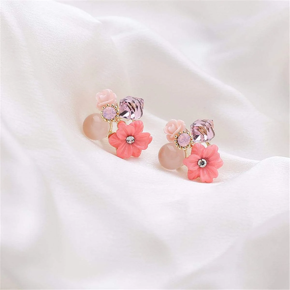 Elite Pink Crystal Cubic Zirconia Flower Cluster Stud Earrings Elegant