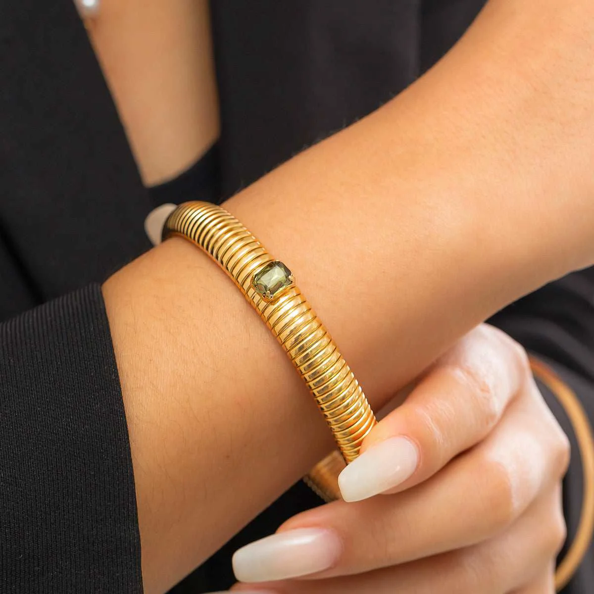 Outstanding Green Crystal Goldtone Herringbone Bangle Refined