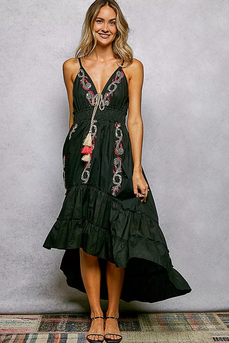 Optimized POL Embroidered Detail Tassel Tie Smocked Waist Midi Tiered Cami Dress Organic
