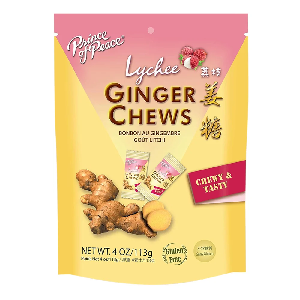 World-Class Prince of Peace Ginger Chews with Lychee Flavored Chewy and Tasty 4Oz 113g Responsible
