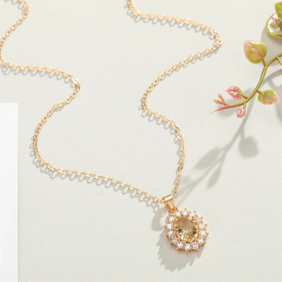 Artisan Yellow Crystal Cubic Zirconia Oval-Cut Halo Pendant Necklace Natural