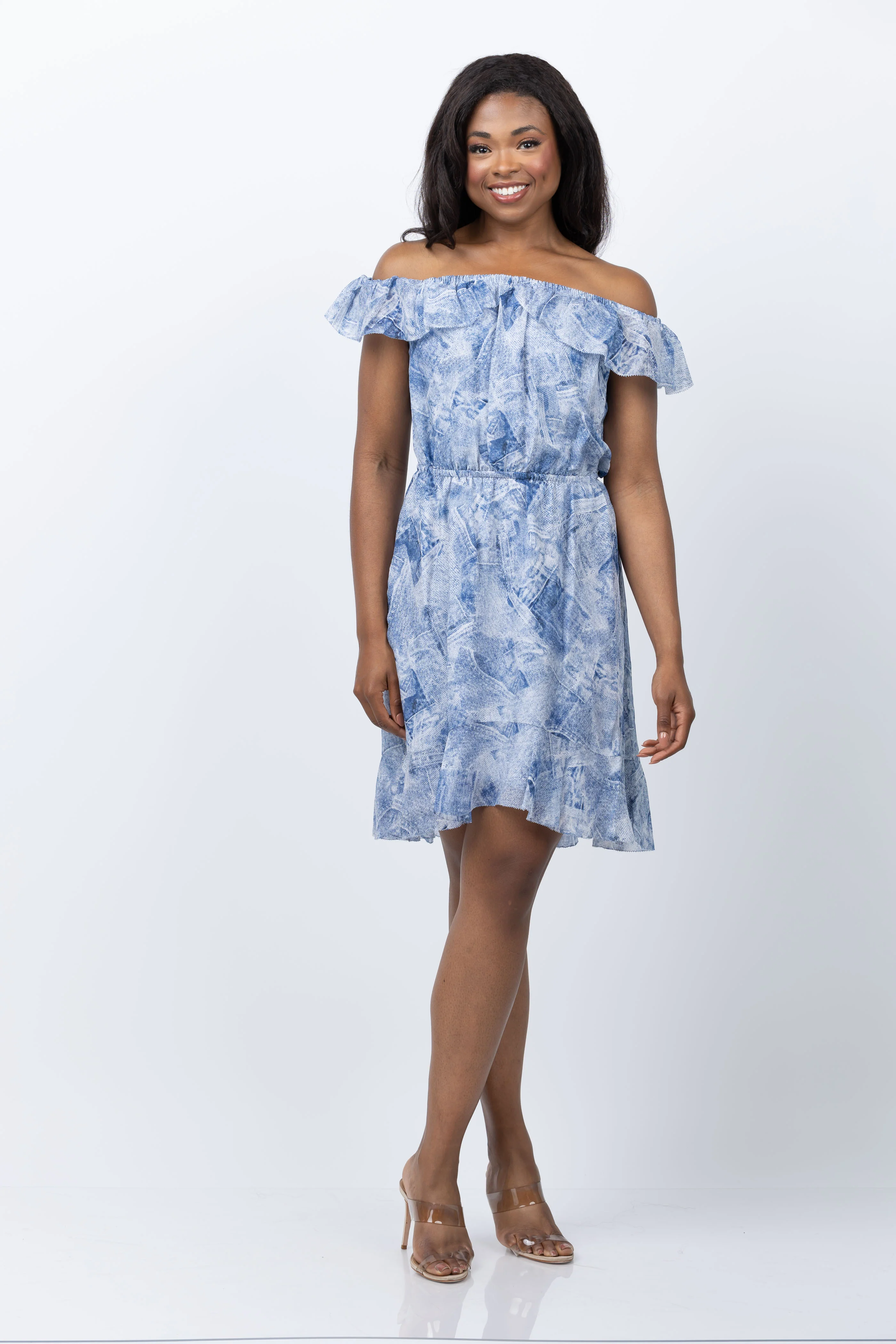 High-End L'AGENCE Leonie Silk Off-The-Shoulder Dress in Blue Multi Denim Natural