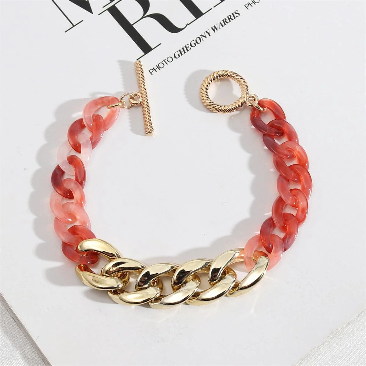 Smooth Light Red Resin Goldtone Chain Link Bracelet Casual