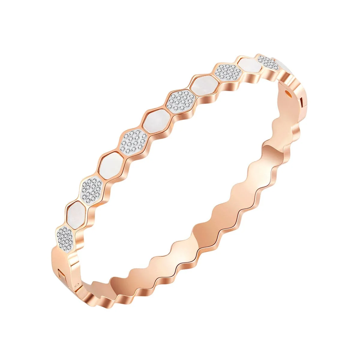 Outstanding Cubic Zirconia Shell Rose Goldtone Hexagon Bangle Minimalist
