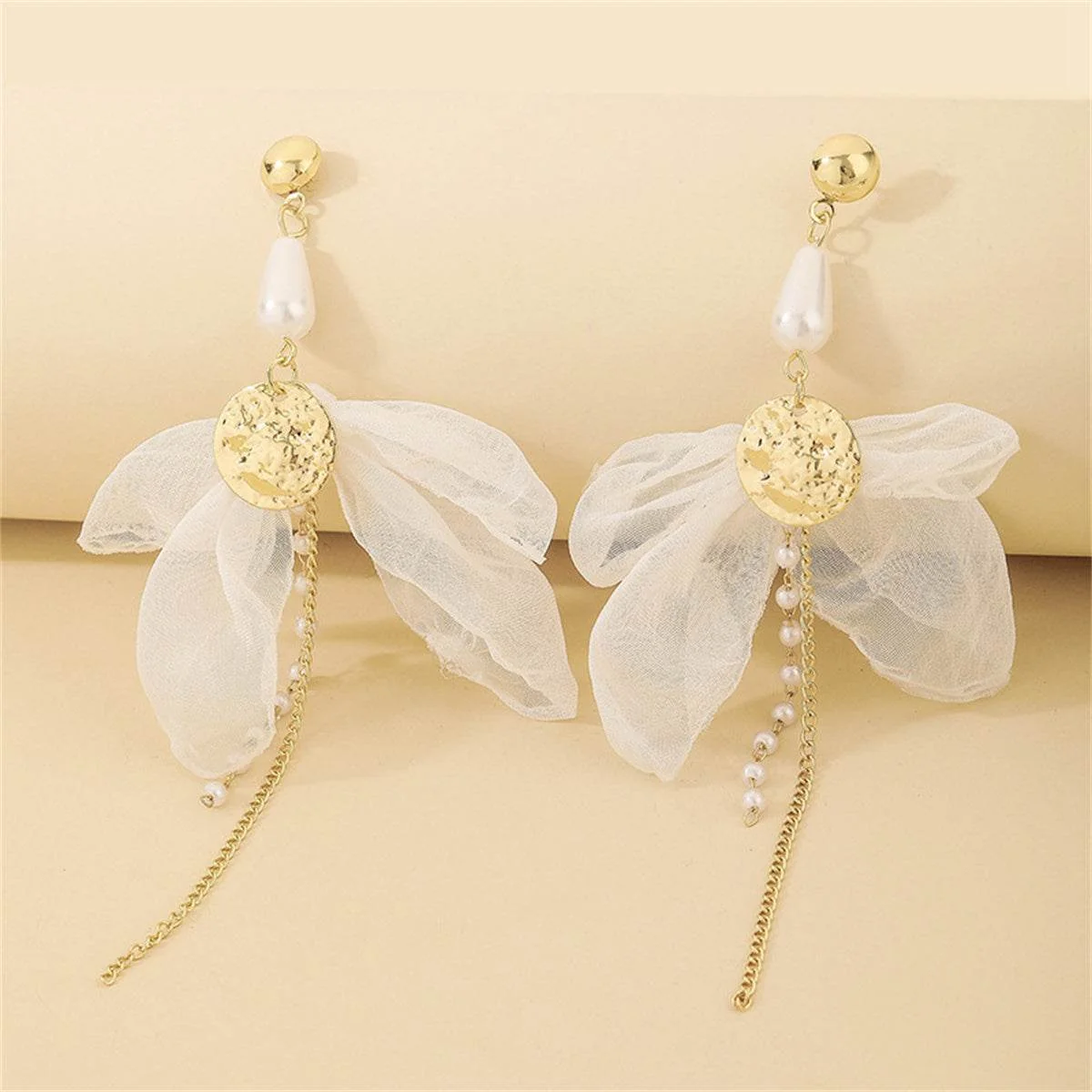 Detailed Pearl Mesh Goldtone Coin Bow Drop Earrings Smart