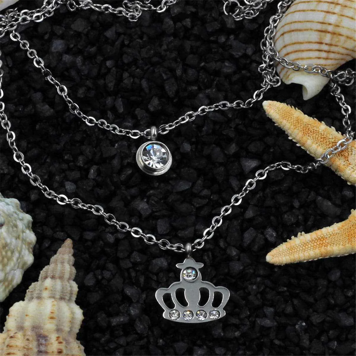 High-Quality Cubic Zirconia Silvertone Crown Layered Pendant Necklace Casual