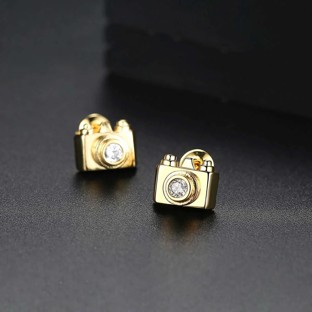 Carefully Designed Cubic Zirconia Goldtone Camera Stud Earrings Reusable