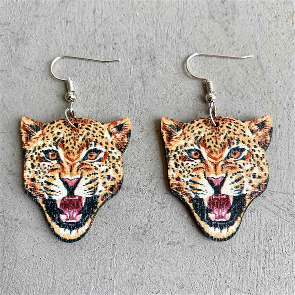 Reliable Orange Wood Silvertone Leopard Drop Earrings Unique