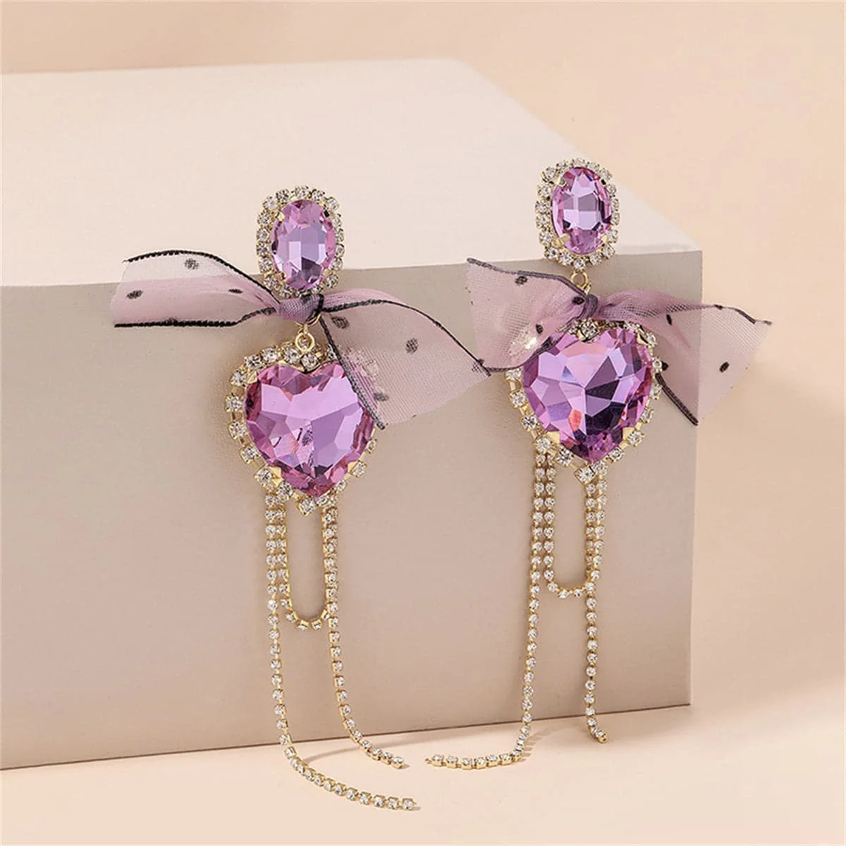 Exclusive Pink Crystal Cubic Zirconia Heart Bow Drop Earrings Smooth