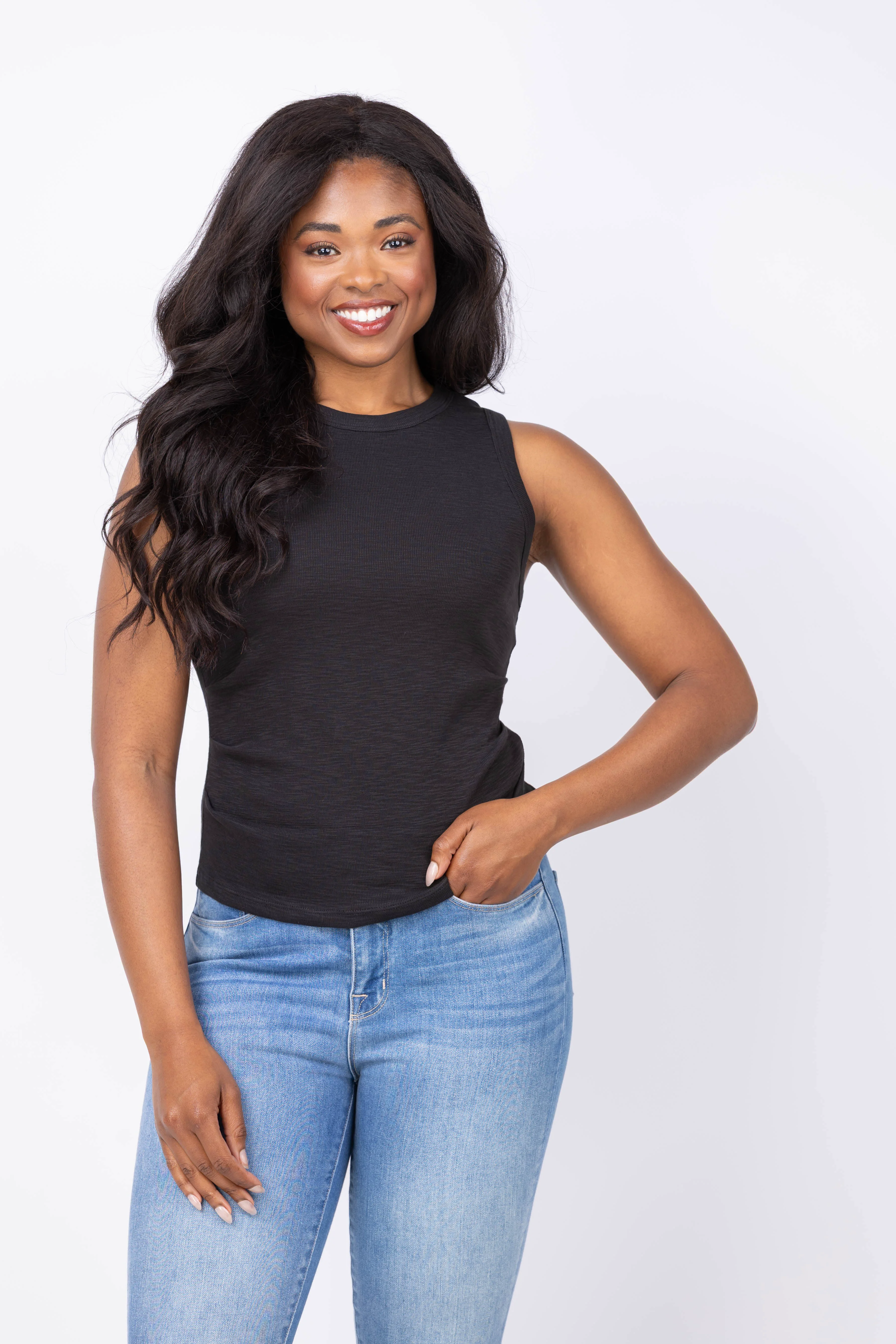 Fashionable Lilla P Rib Slub Side Pleat Tank in Black Classic