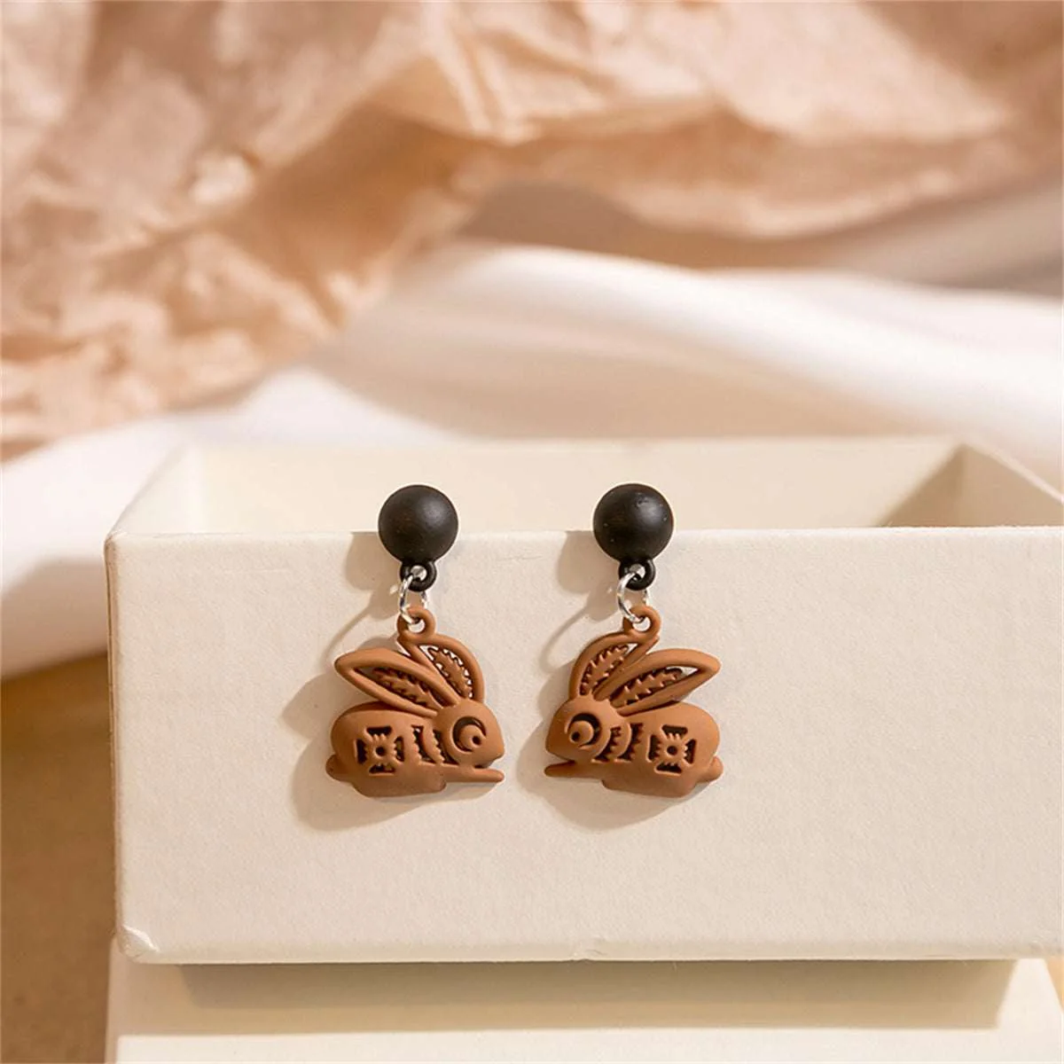 Secure Coffee Enamel Silvertone Rabbit Drop Earrings Exceptional