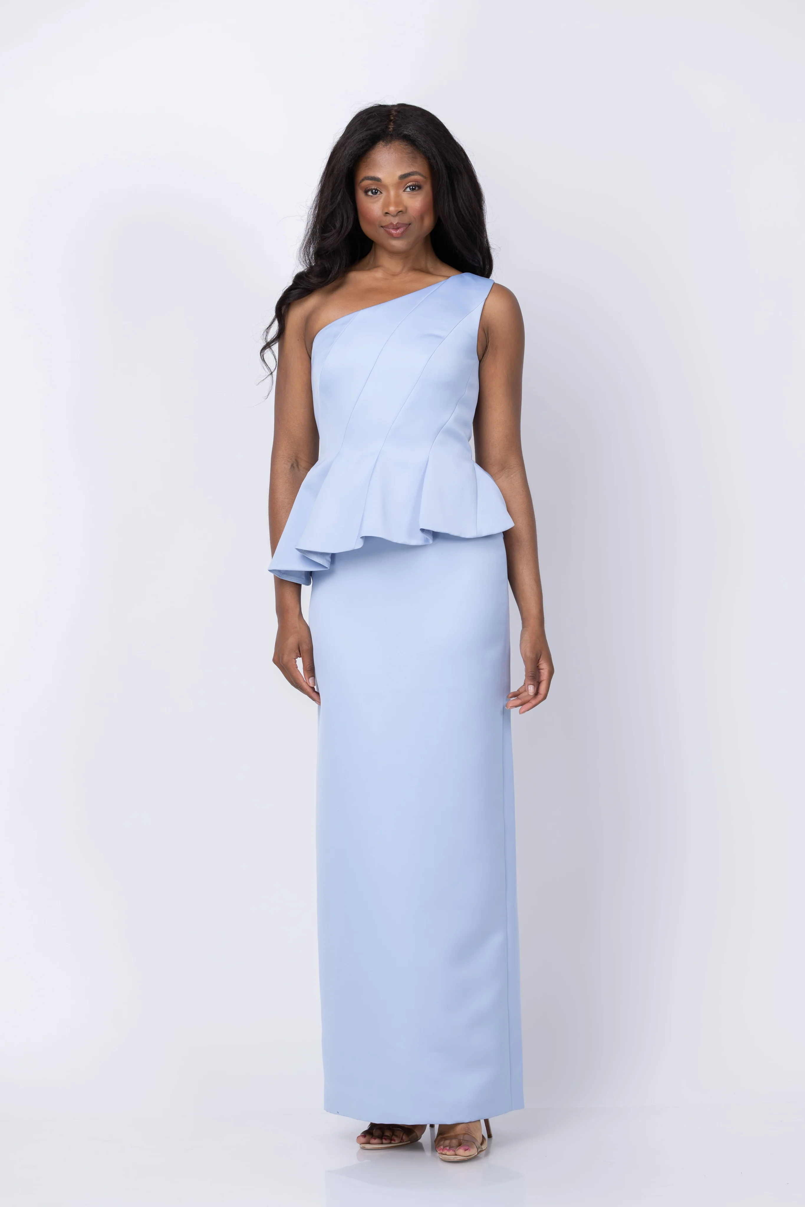 Green Theia Zenobia Duchess Satin Gown in Serenity Blue Original Design