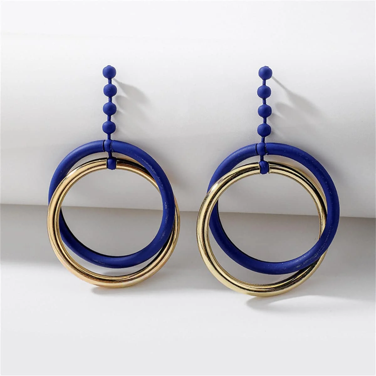 Reusable Blue Enamel Goldtone Bead Interlocked Dangle Earring Genuine