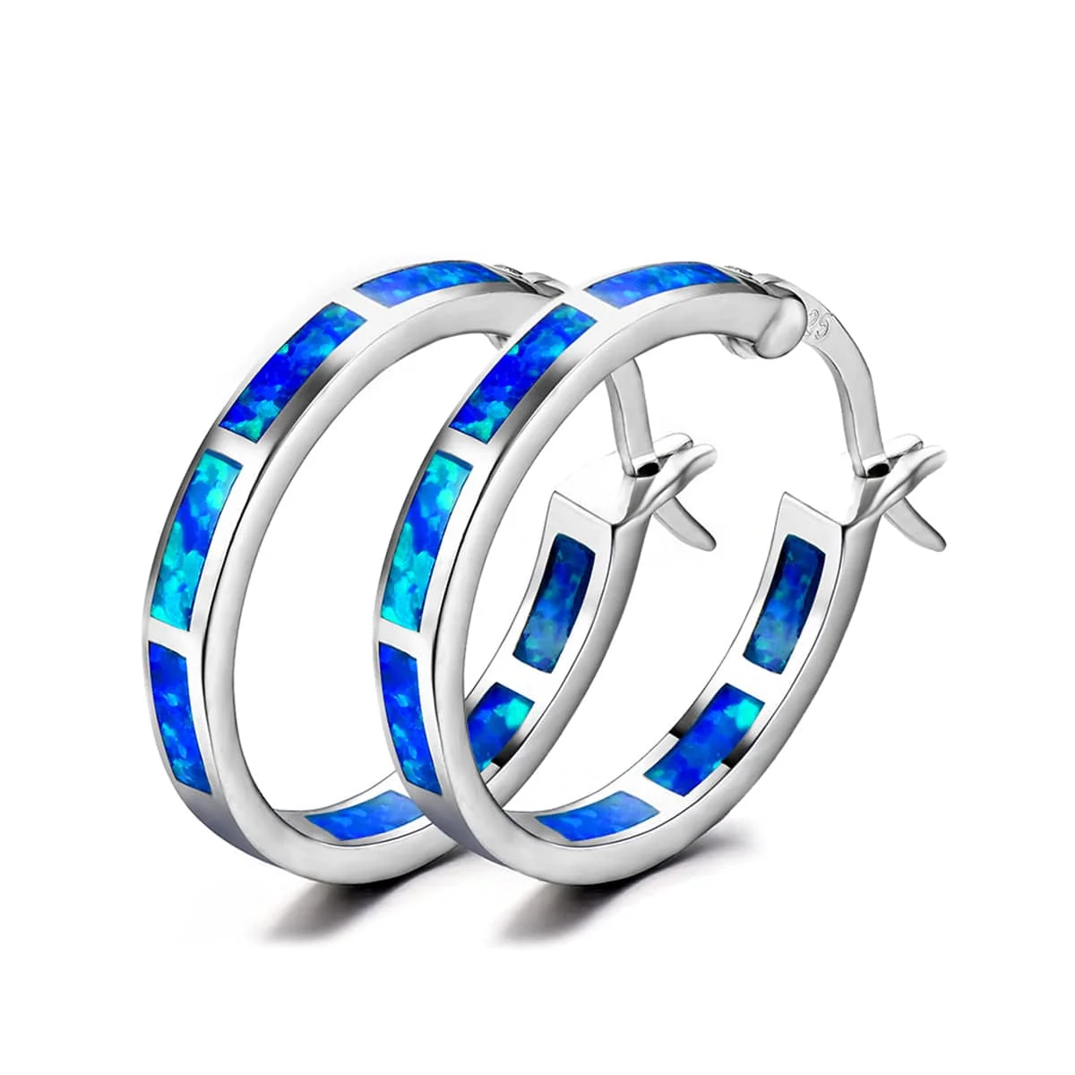 Contemporary Blue Opal Silvertone Block Channel Hoop Earrings Specialty