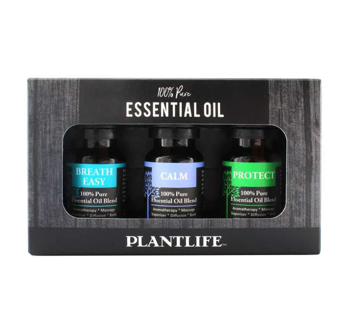Premium Plantlife Top Blends Set 3-Pack Breath Easy Calm and Protect Aromatherapy Essential Oil Set - No Additives or Fillers - Made in California 10 ml Comfortable