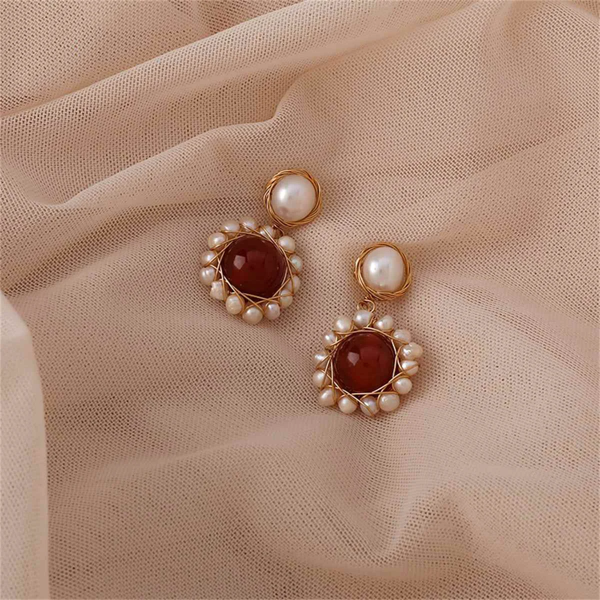 Authentic Red Agate Pearl Goldtone Entangled Drop Earrings Artisan