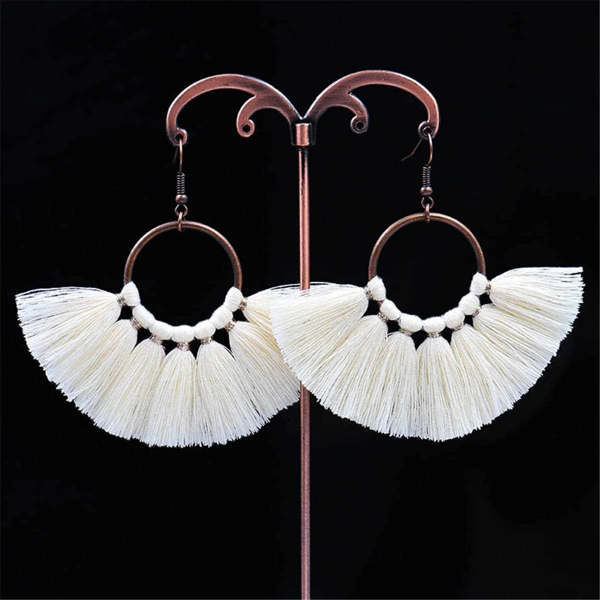 Refined Beige Polyster Goldtone Circle Tassel Drop Earrings Elegant