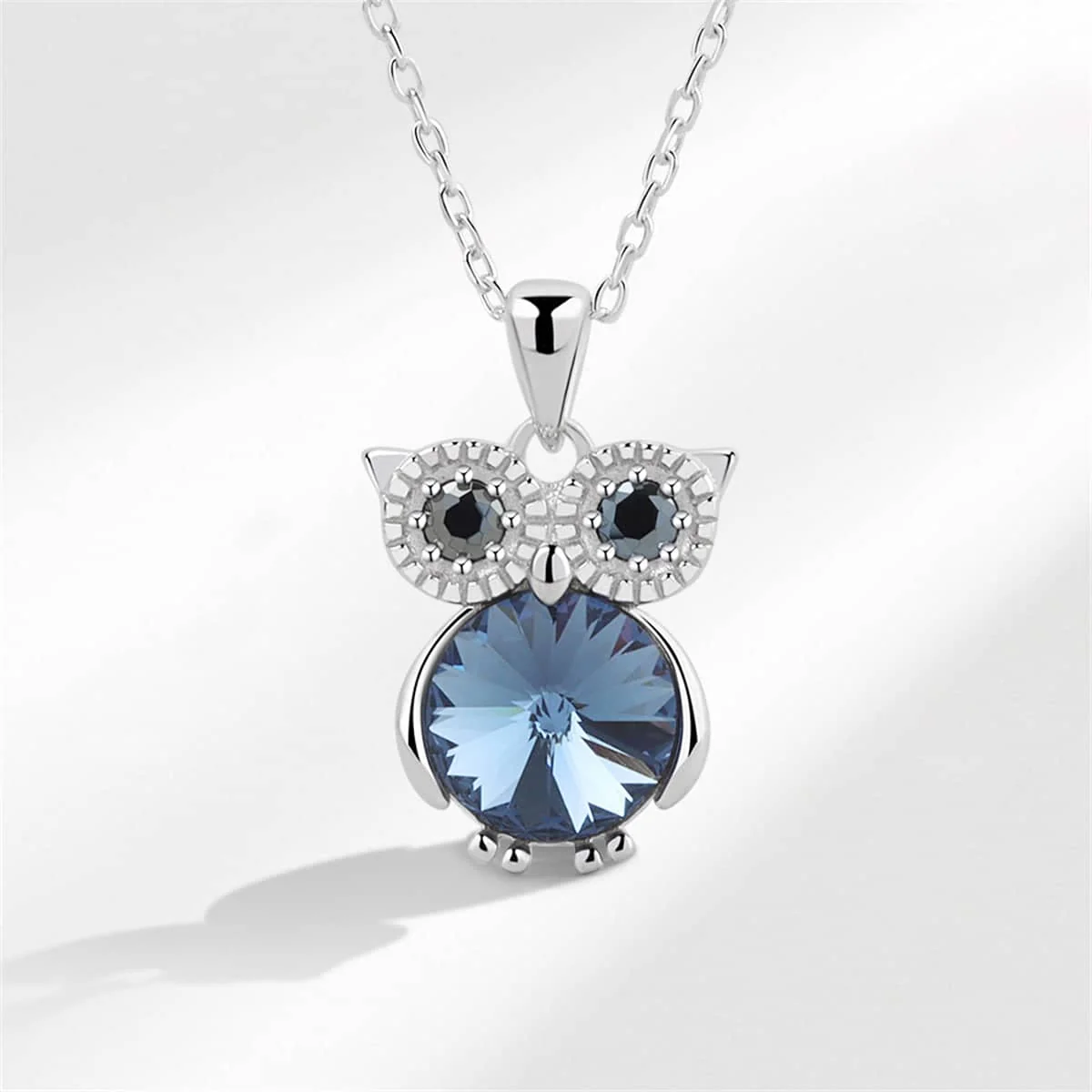 Pure Blue Crystal Silvertone Owl Pendant Necklace Superior