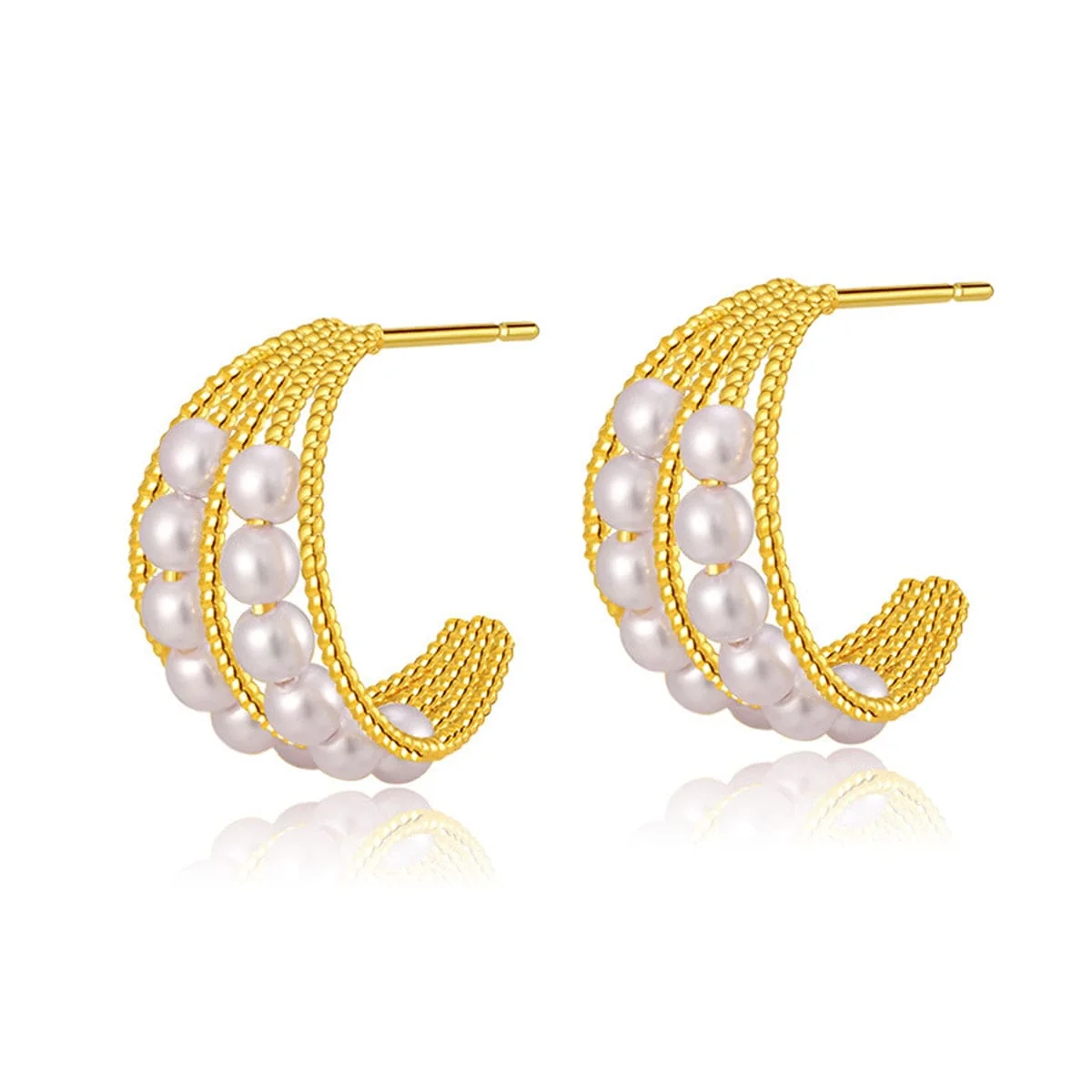 Minimalist Pearl Goldtone Layered Huggie Earrings Modern