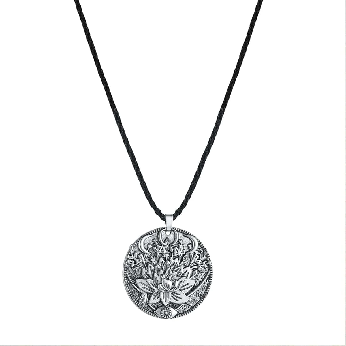 Recyclable Silvertone Lotus Flower Engraved Pendant Necklace First-Class