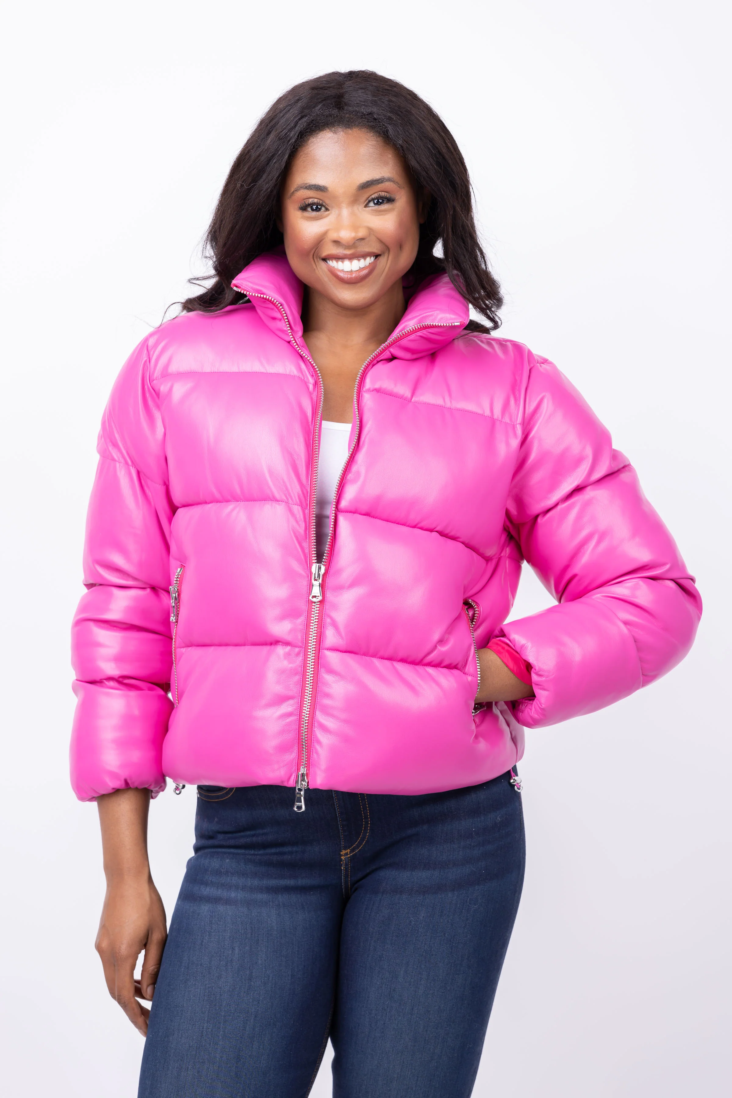 Artisan L'Agence Larsen Puffer Jacket In Deep Pink Healthy