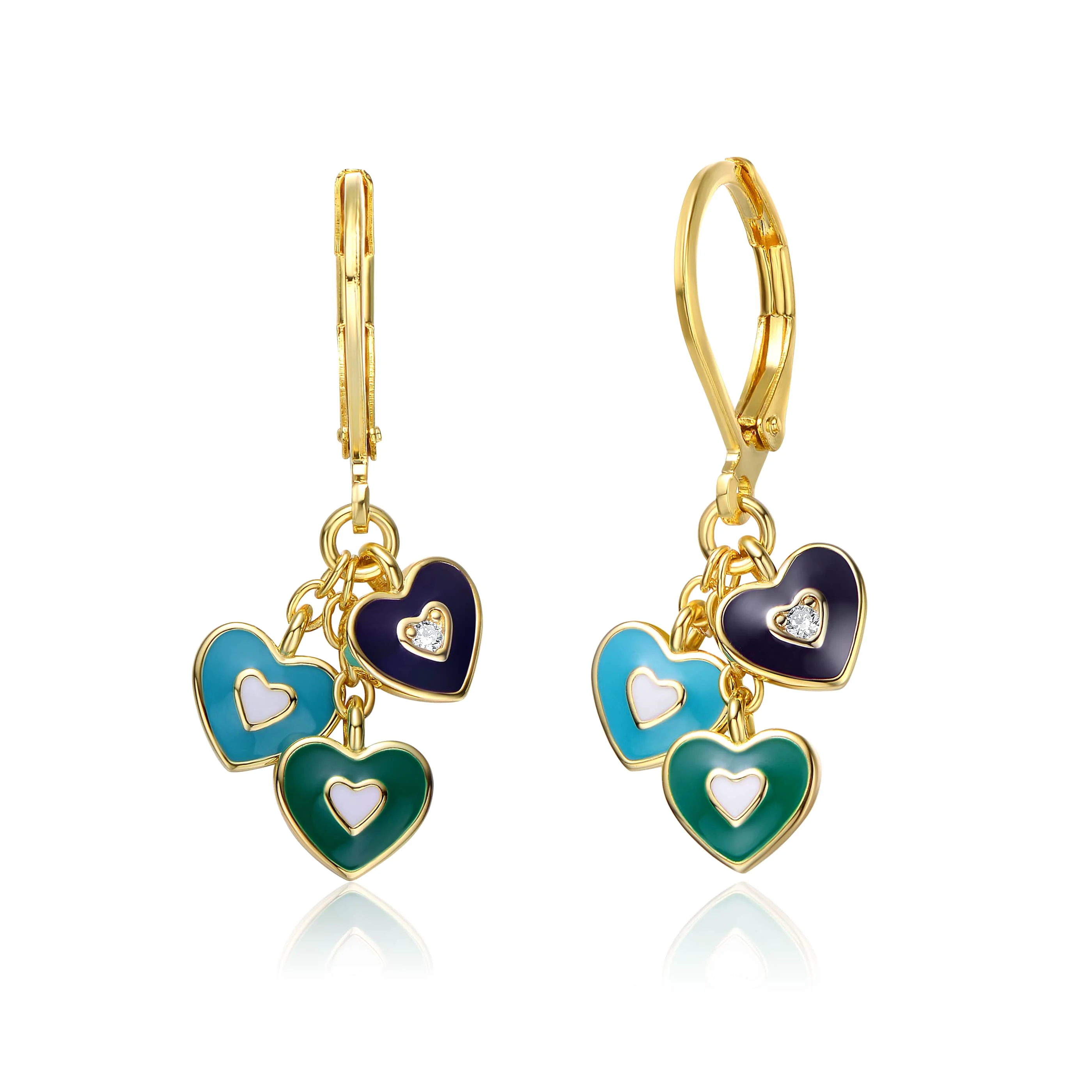 Elite Kids 14k Gold Plated Blue Topaz Enamel Trio Dangling Hearts Earrings Enhanced