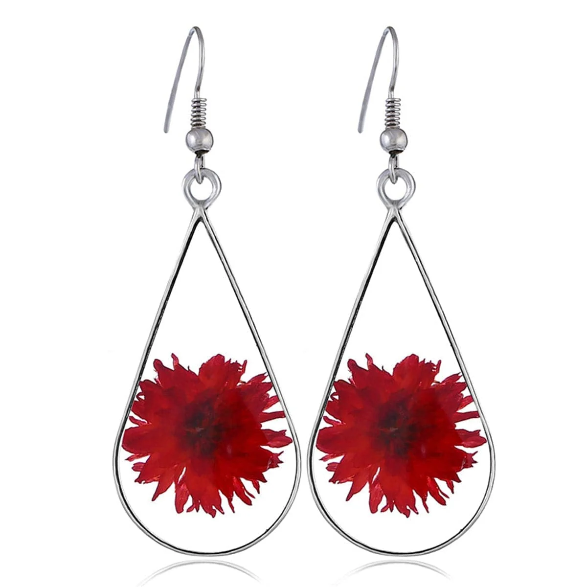 Fine Crafted Red Pressed Peony Silvertone Teardrop Earrings High-Performance