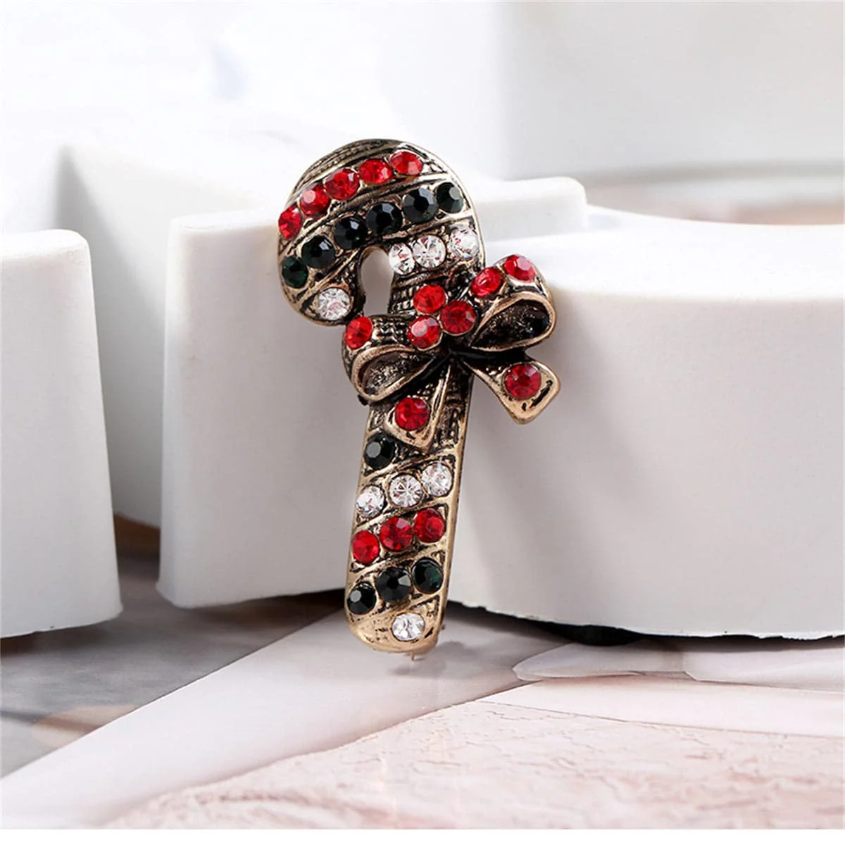 Secure Black Cubic Zirconia Goldtone Candy Cane Brooch Relaxed