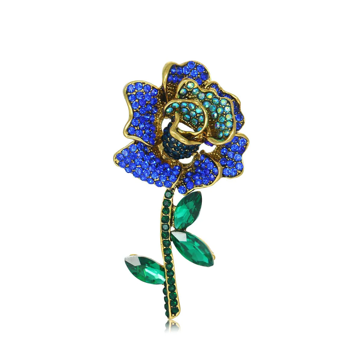 High-End Blue Cubic Zirconia Crystal Goldtone Rose Brooch Exceptional