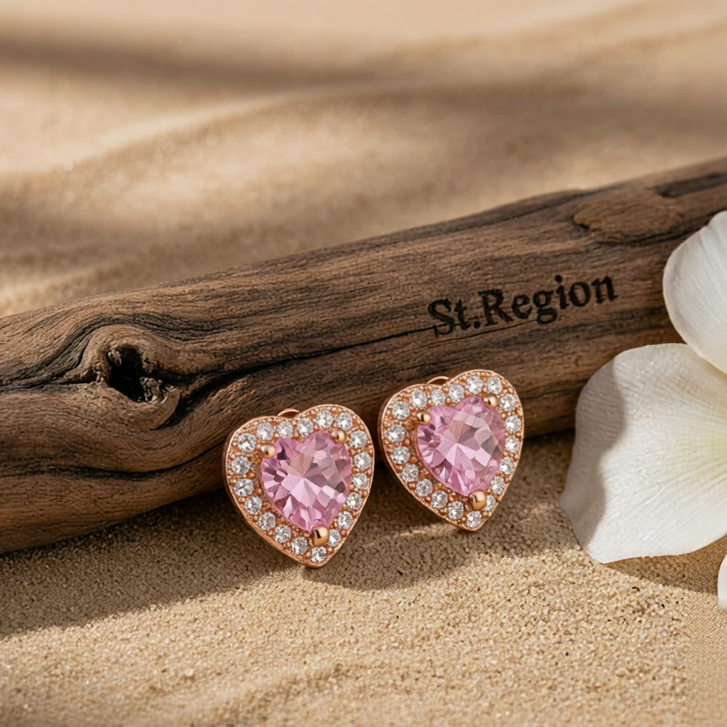 Professional Clear Crystal Cubic Zirconia Rose Goldtone Halo Heart Stud Earrings Fashionable