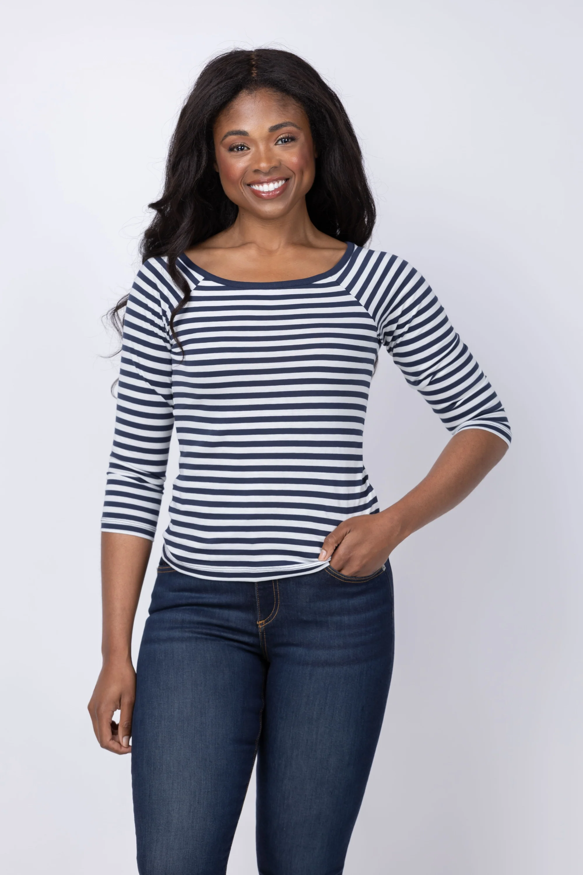 Fine NATION LOS ANGELES Danika Scoop Neck Tee in Navy City Stripe Official