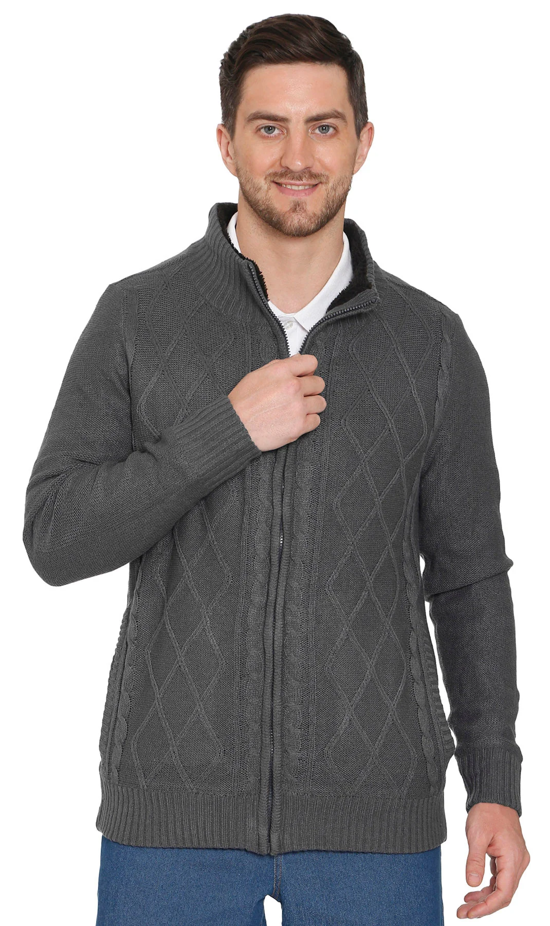 Recyclable Mens Sherpa Fleece Lined Zip Front Sweater Jacket Contemporary