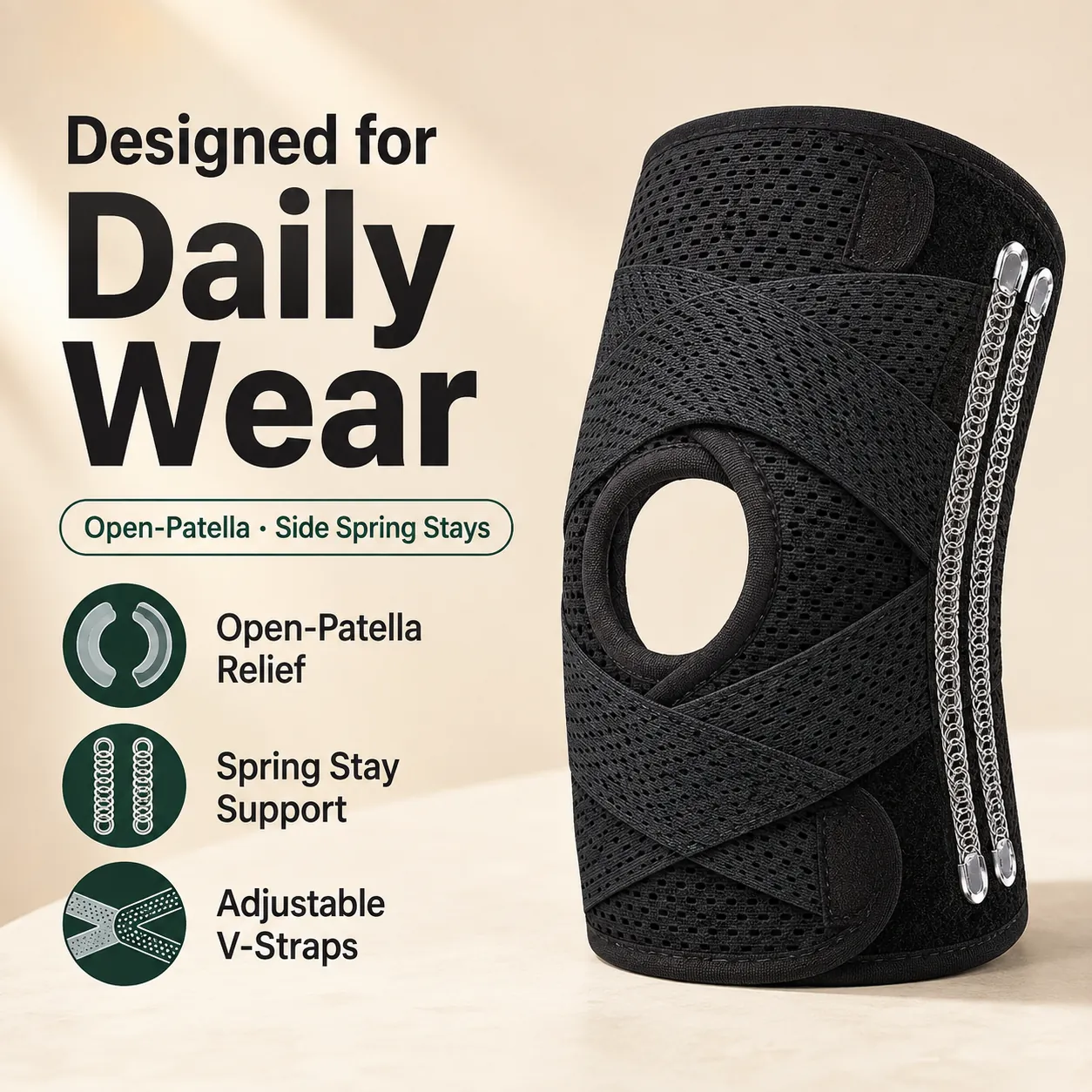 Detailed Knee Brace with Side Spring Stays Open-Patella Silicone Pad — Adjustable Compression for Daily Wear A Knee Brace You Wear All Day and Forget You're Wearing Fine Crafted