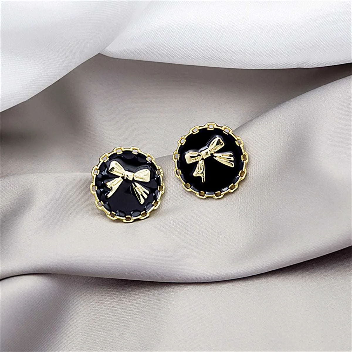 Traditional Black Enamel Goldtone Bow Round Stud Earring Stylish