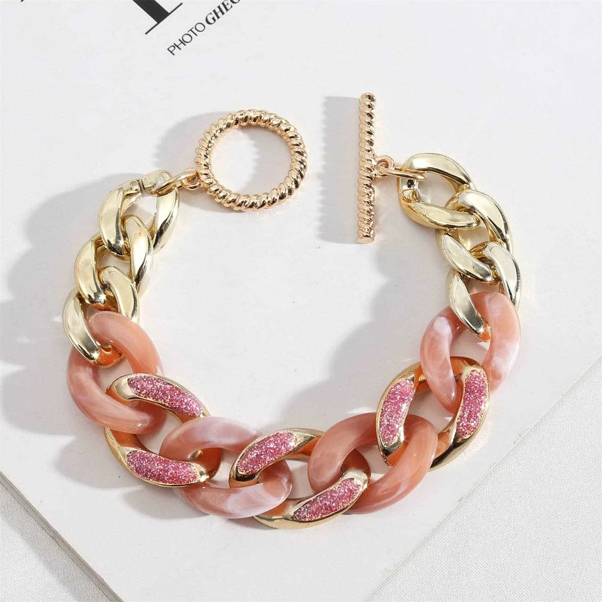 Premium Material Pink Resin Goldtone Curb Chain Bracelet Carefully Designed