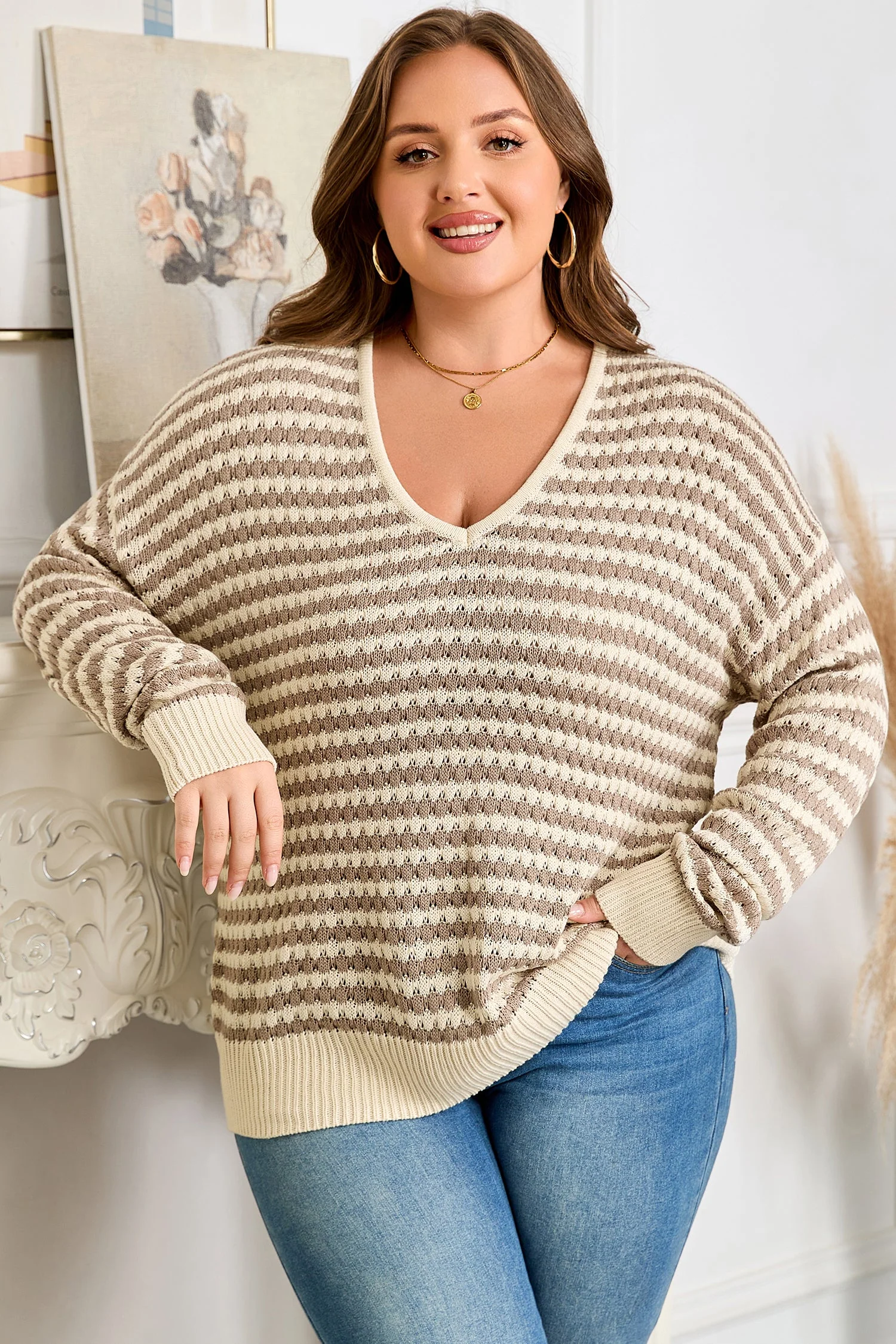 Verified Threaded Pear Emory Stripe Drop Shoulder PLUS Sweater Certified