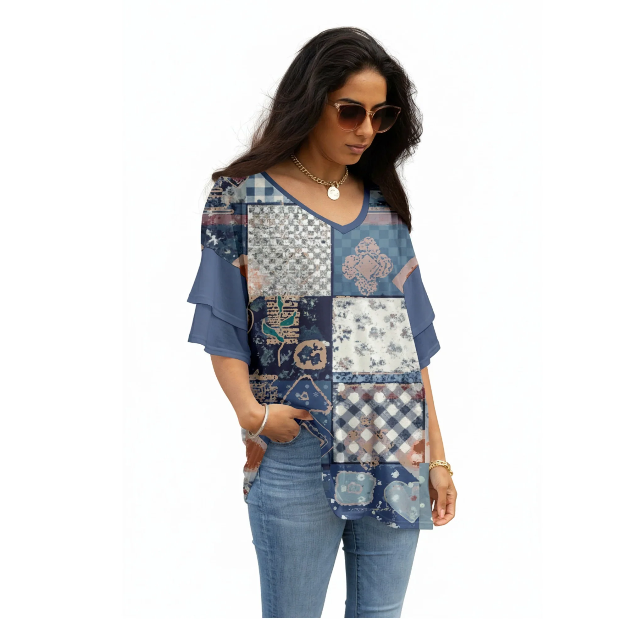 High-Quality Lily by Firmiana Women's Double Sleeve V-Neck Tunic Blue Denim Patchwork Effective