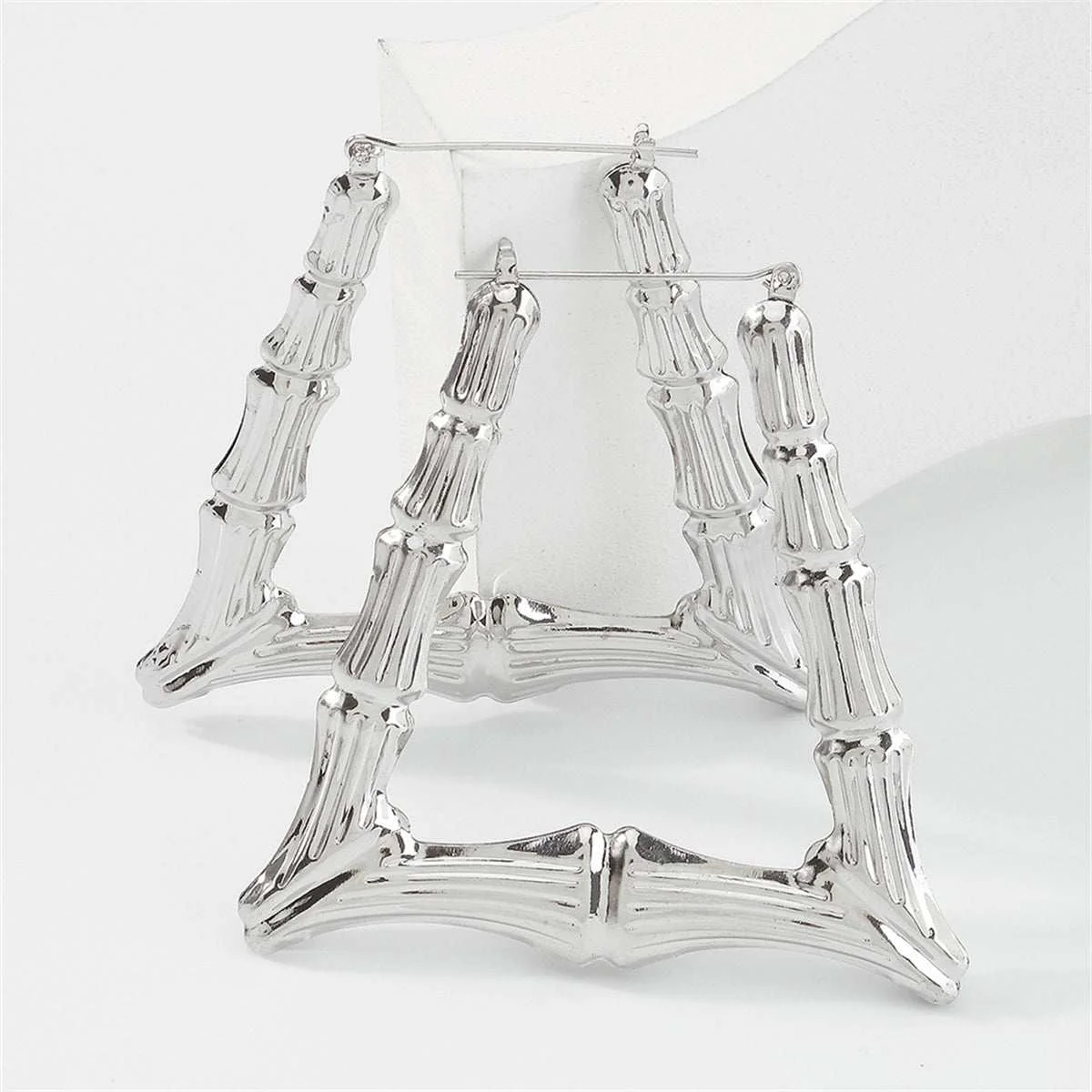 Easy-to-Use Silvertone Open Trapezium Bamboo Huggie Earrings Durable