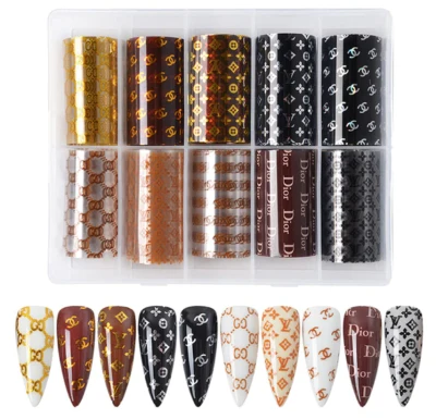 Fast Nail Art Decoration Brand Logo Polish Stickers Transfer Nail Foil 10 Rolls Box Comfortable