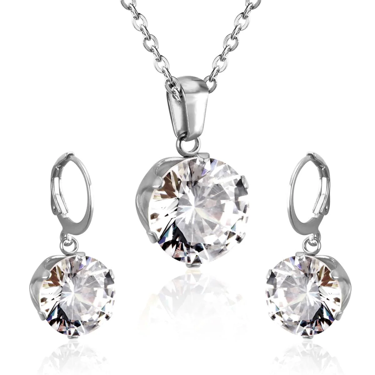 Elite Cubic Zirconia Silvertone Drop Huggie Earrings Pendant Necklace Dependable