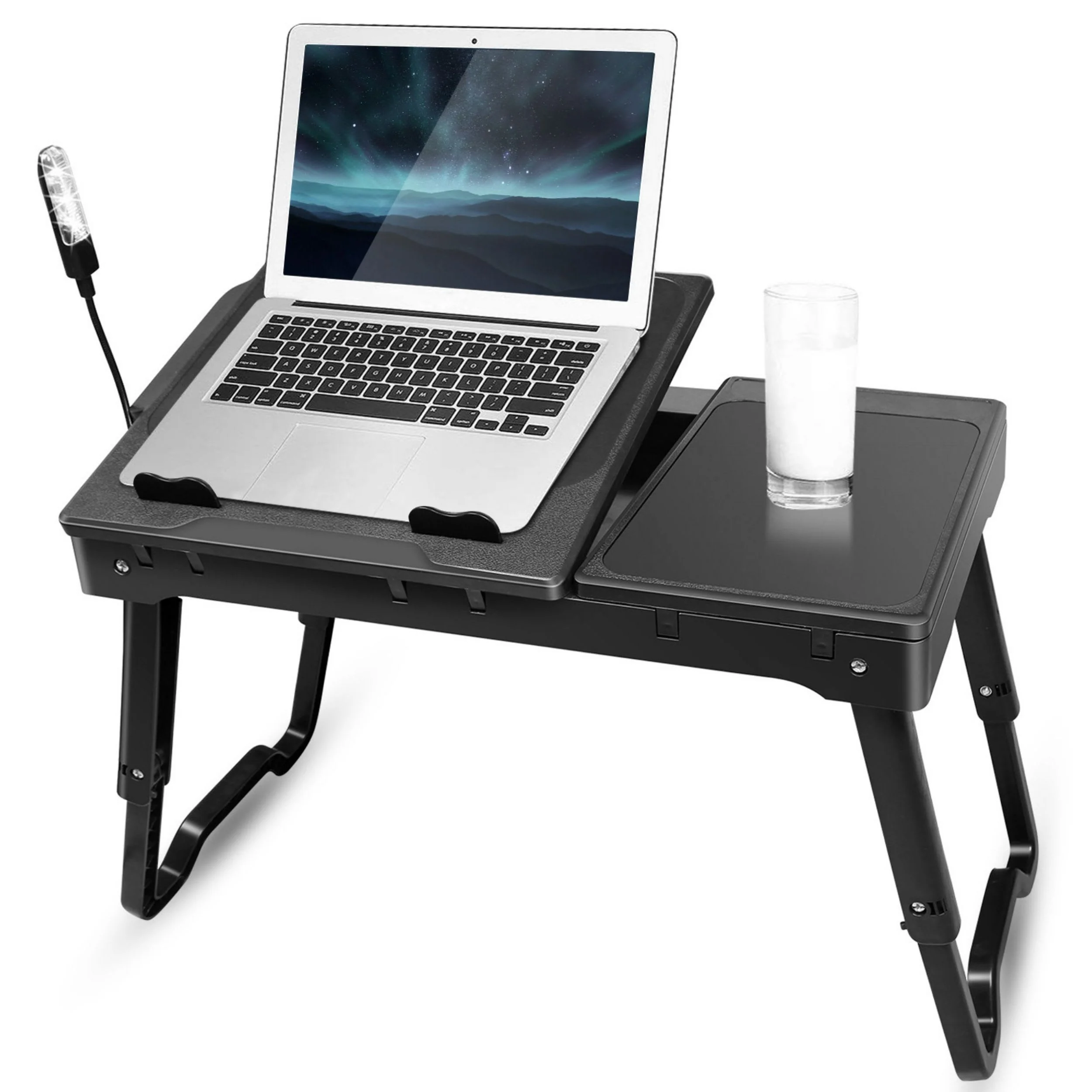 Pure Fresh Fab Finds Foldable Laptop Table Bed Desk w Cooling Fan Mouse Board LED 4 USB Ports Snacking Tray with Storage for Home Office Secure
