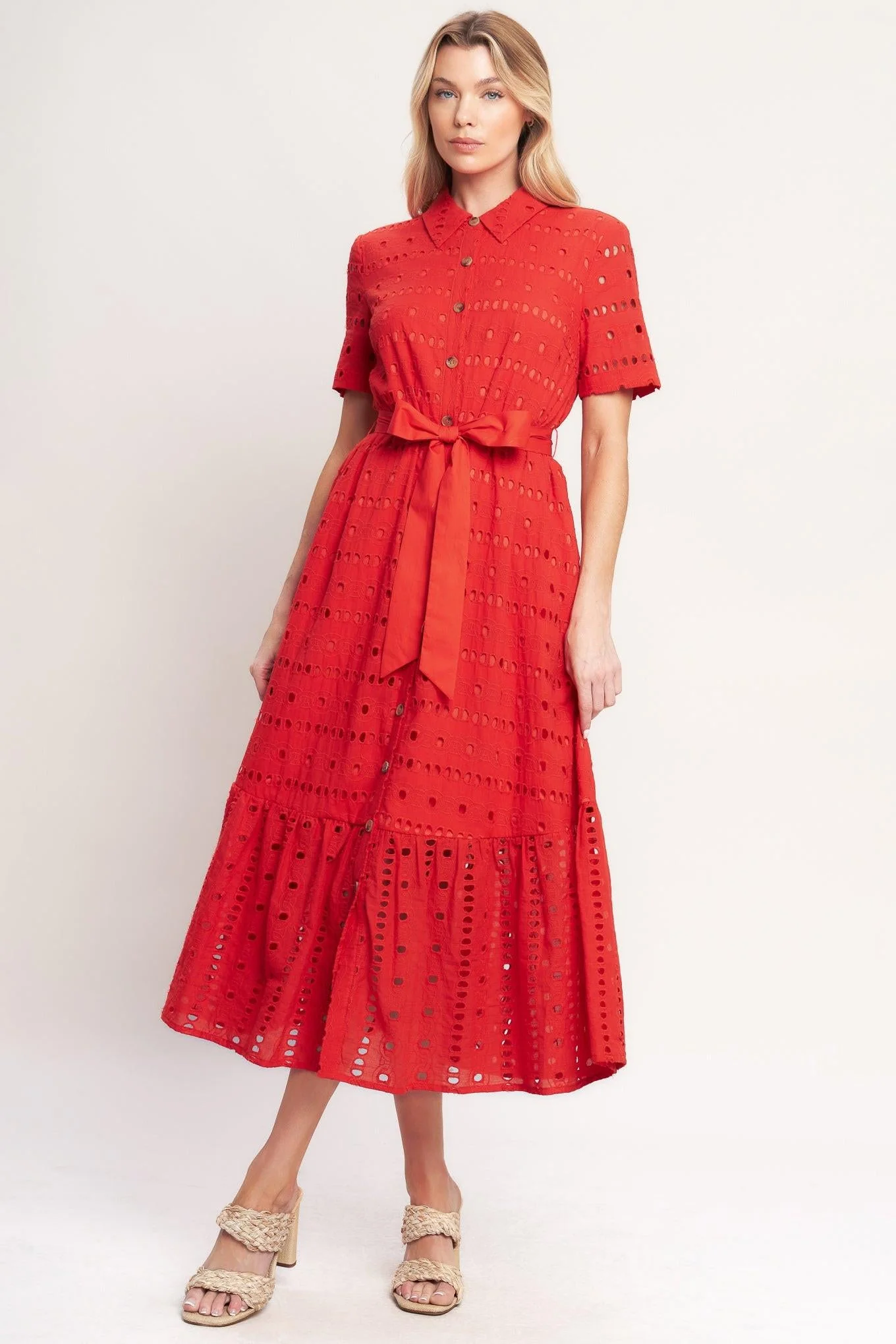 Convenient Power Scarlet Woven Eyelet Midi Dress Prestigious
