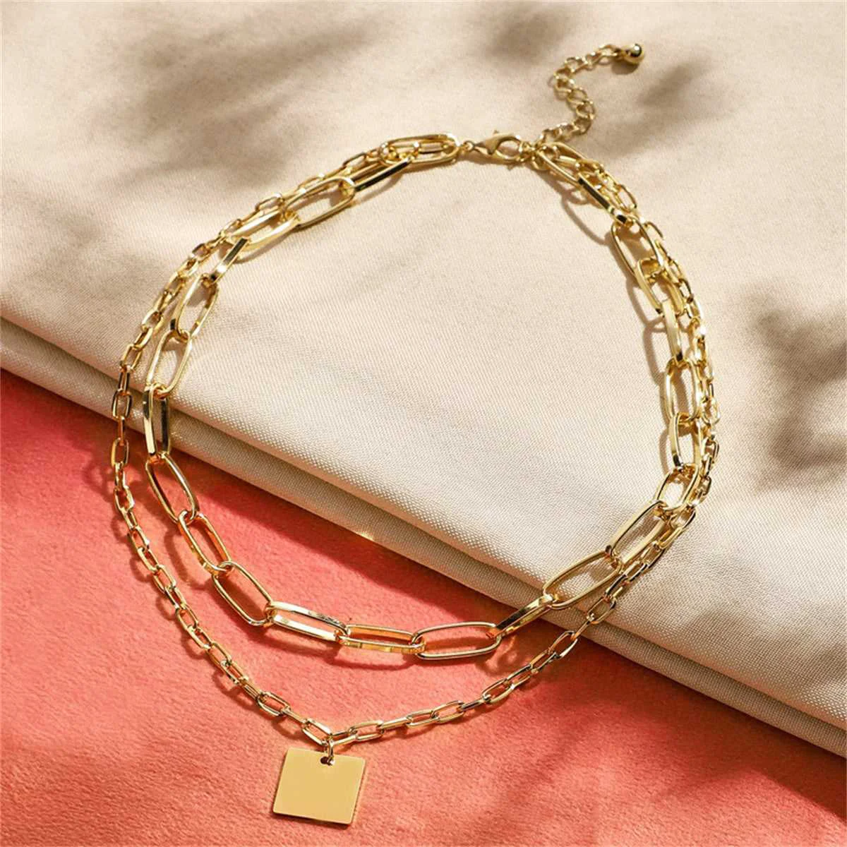 Prestigious Goldtone Square Layered Pendant Necklace Breathable