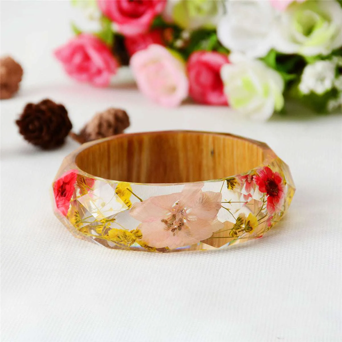 Elegant Pink Yellow Dried Flower Wooden Bangle Solid