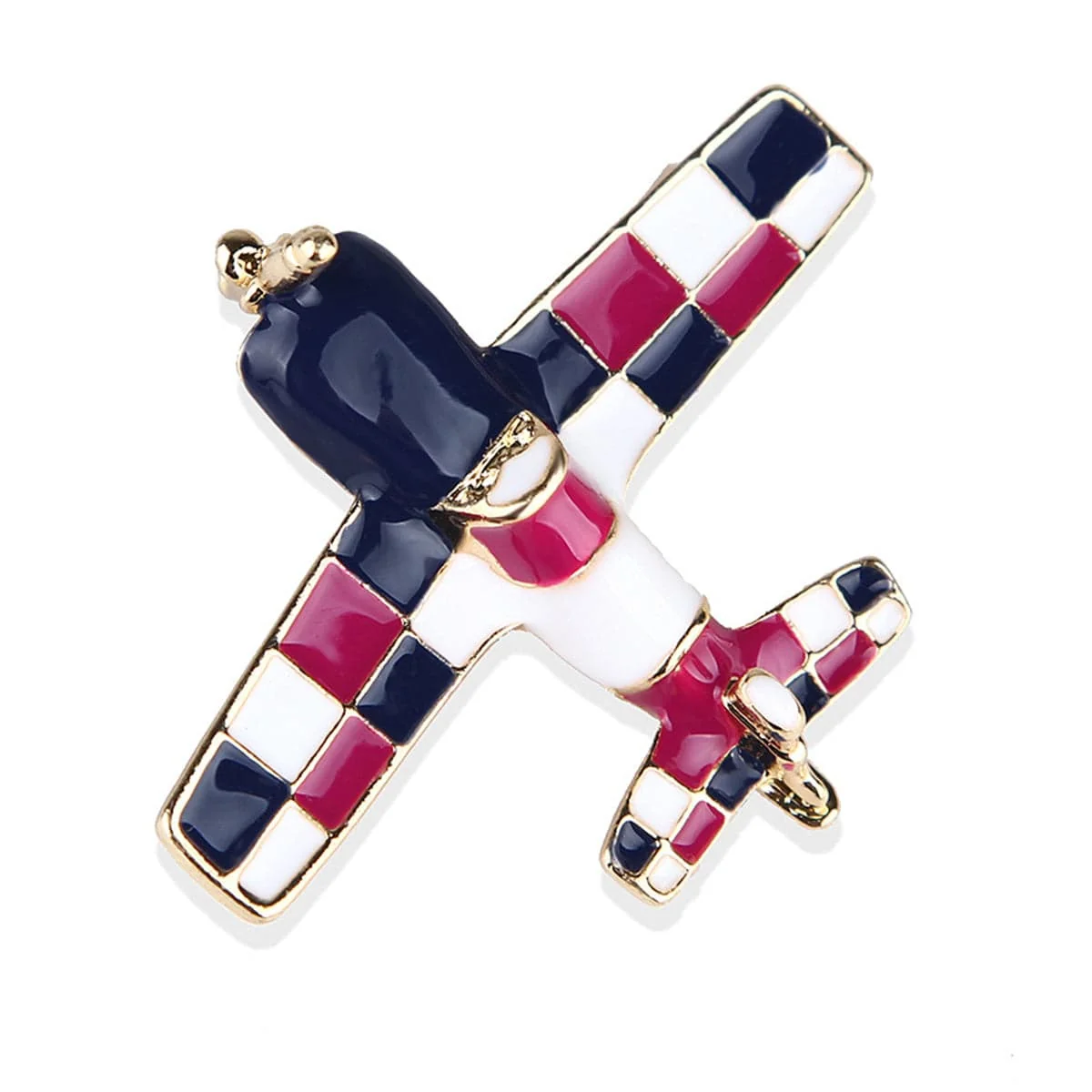 Verified Navy Blue Rose Red Enamel Goldtone Airplane Brooch Crafted