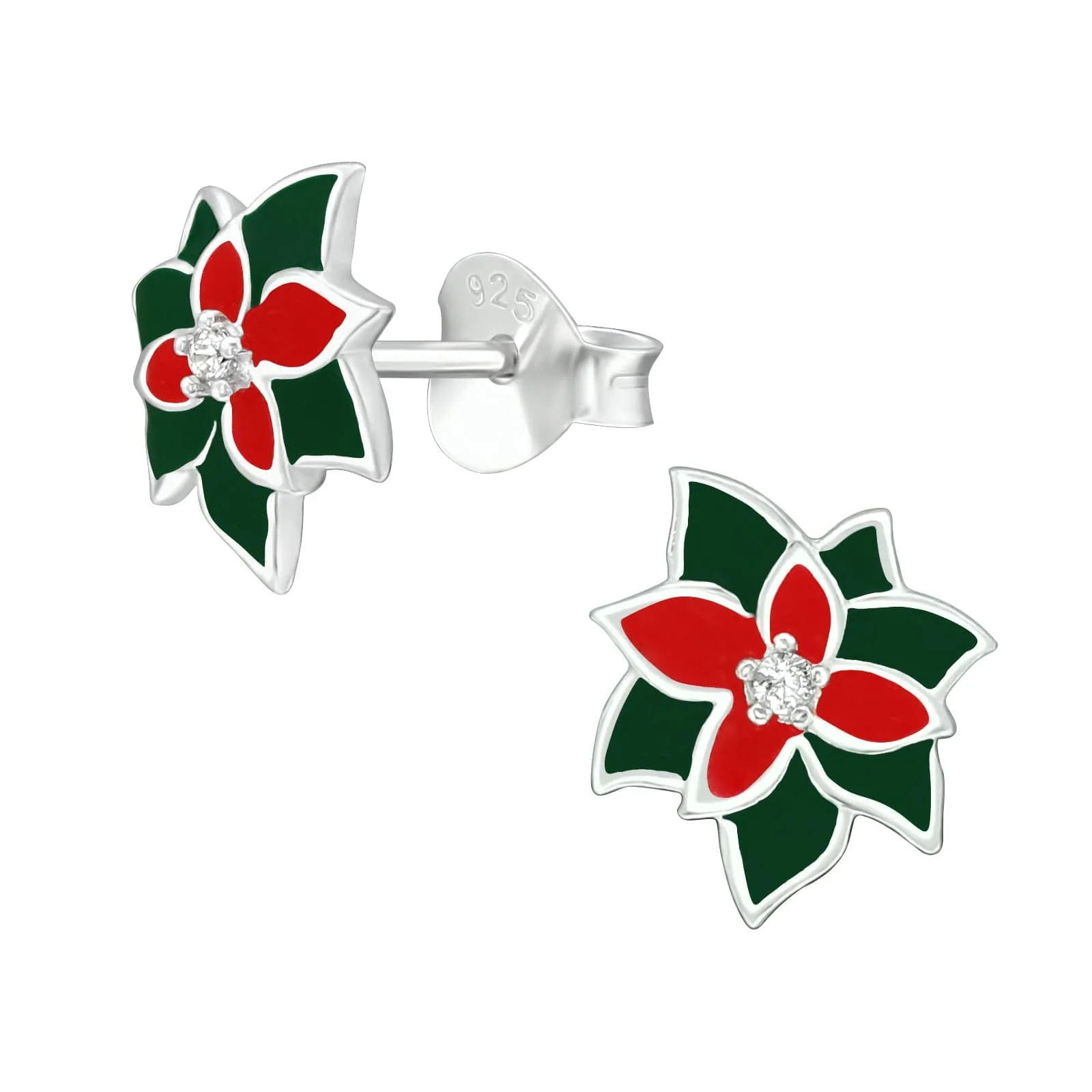 Consistent Ag Sterling Green Red Poinsettia Flower Dainty Stud Earrings Elite