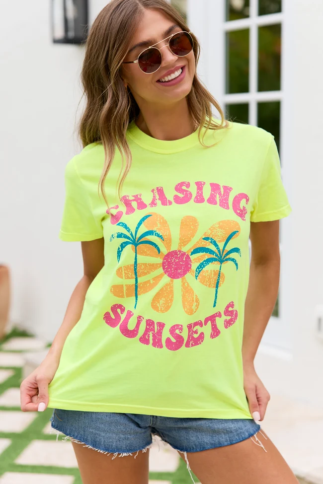 Green Chasing Sunsets Neon Yellow Graphic Tee Effective